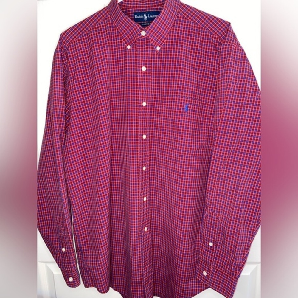 Ralph Lauren Men’s Button Down Shirt Classic Fit Red Blue Check Plaid, Cotton
